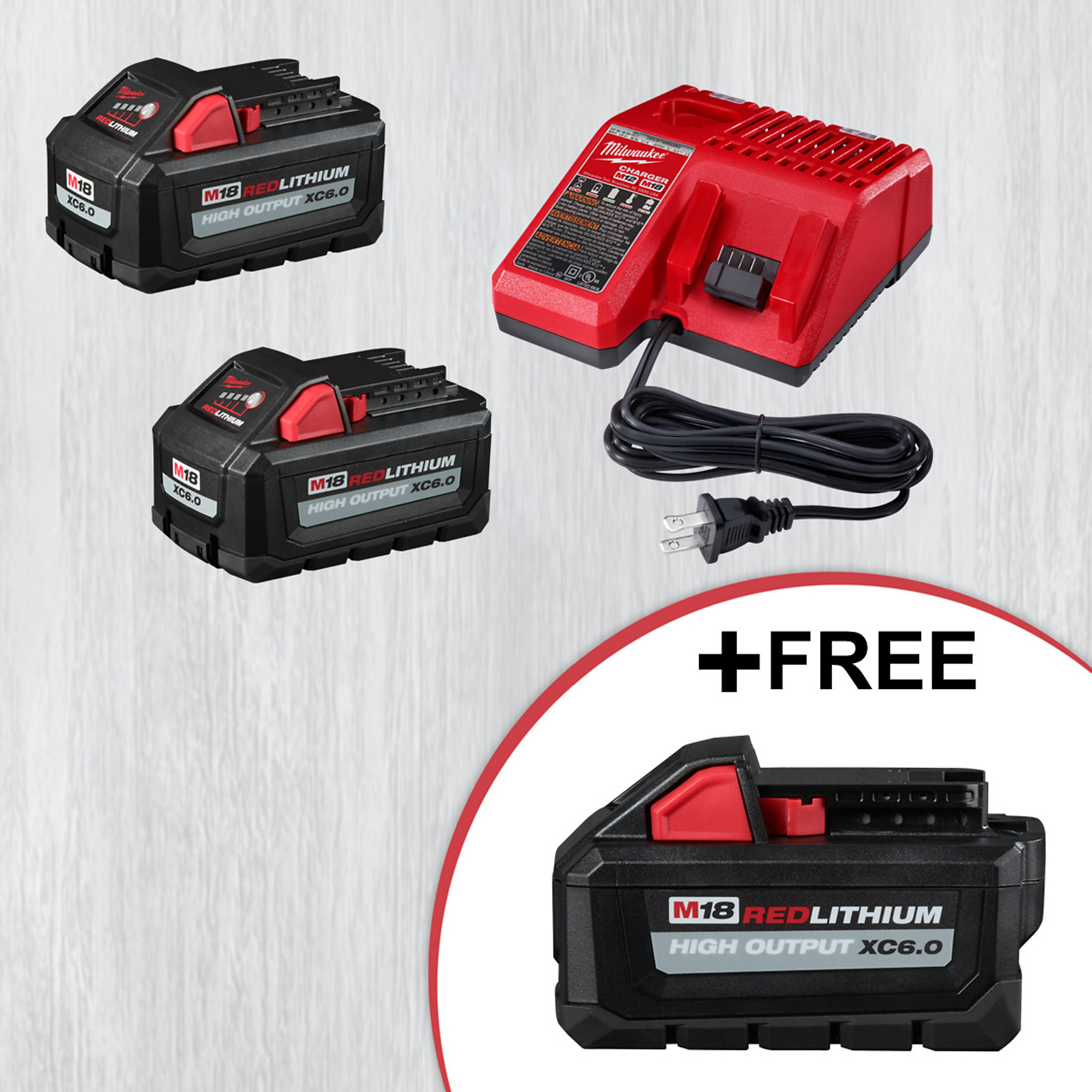 Milwaukee M18 HIGH OUTPUT Starter Kit with 2 XC6.0 Batteries and Charger, Plus Free XC6.0 Battery, Model# 48-59-1862S